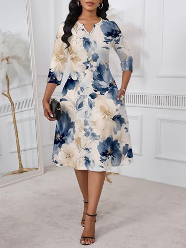 Image of PinkPatty Women's Casual 3 /4 Sleeve Midi Dresses Fit and Flare Church Work Dress with Pockets