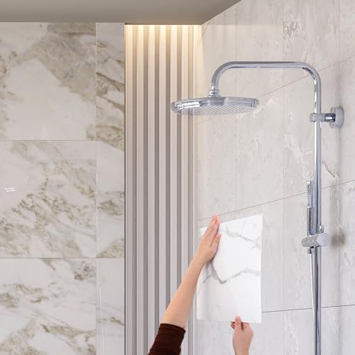 HARFINGTON 20pcs Peel and Stick Marble Tiles, Waterproof Wall Panel Backsplash, 12"x12" PVC Peel and Stick Shower Tiles for Bathroom, Kitchen, Living, White with Grey Veins Design by HARFINGTON - Image 4