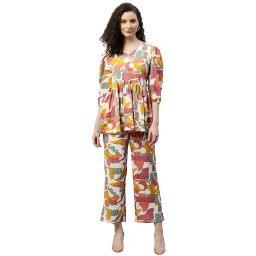 Image of DEEBACO Women's Abstract Print Top & Pants Co Ord Set for Women V Neck 3 /4 Puff Sleeve Ladies Party Casual Wear Fashionable for Girls Loose Fit Cord Set (DBCOMR00000984 XL Multicolor)