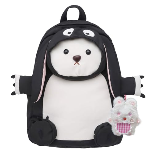 Cute Puppy Pink Backpack with Cartoon Charm Pendant for Women Large Capacity Dog in A Rabbit Costume for Gift (Black)