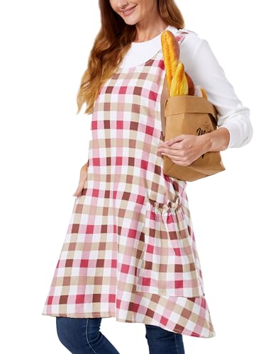 Image of Cozy Adjustable Cross Back Aprons for Women with Pockets Cotton Linen Cooking Kitchen Baking