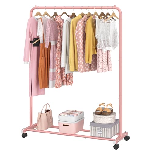 Recopilación de Rack para Ropa Desarmable los 10 mejores. 45 Simple Trending - Perchero de ropa estándar con estantes de almacenamiento, organizador de ropa enrollable en ruedas para colgar ropa, rosa