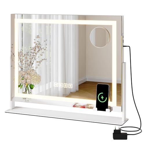 YITAHOME Specchio cosmetico Bluetooth Hollywood con illuminazione, 62 x 51 cm, specchio illuminato con luce LED dimmerabile in 3 modalità, controllo touch, porte USB e tipo C, tavolo e montaggio a