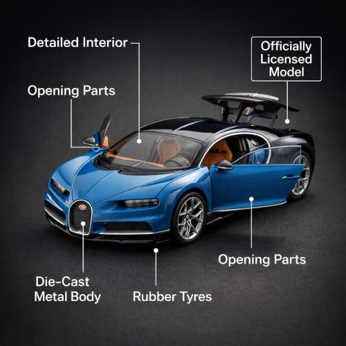 Image of Wizplex Bburago Official Licensed Bugatti Chiron 1:64 Scale Die Cast Metal Toy Car with Opening Front Doors - Collectible Miniature Model for Display and Gifting, Ages 3 and Up