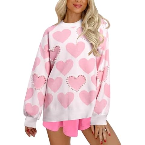 UNIQUEONE Valentines Sweater Women Love Sweatshirt Heart Graphic Knit Sweaters Romantic Valentine Day Oversized Crewneck Tops Pink Cover