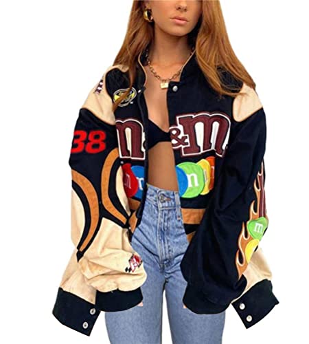 nicticsi Damen Bomberjacke College Oversized Patchwork Bedruckte Jacke 90S Vintage Racing Sweatjacke Reißverschluss Sweat Jacket Baseball Mantel Übergangsjacke Teenager Frühling Herbst A13 Schwarz XL Cover