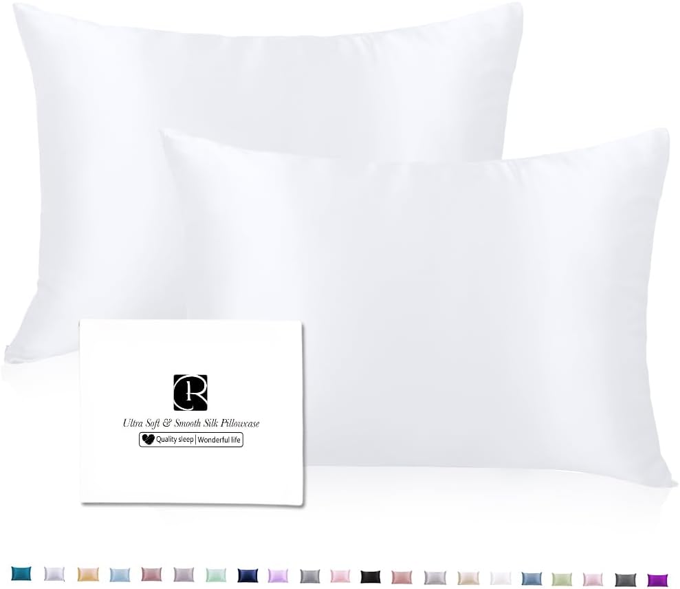Silk Pillow Cases 2 Pack, Ravmix Both Sides Mulberry Silk Pillowcases Set of 2 Cooling Pillow Cases for Hair and Skin Queen Size with Hidden Zipper, 20 * 30inches, Pure White
