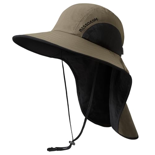 Image of BASSDASH UPF 50+ Unisex Water Resistant Wide Brim Sun Hat with Large Neck Flap Ponytail Fishing Hat for Men Women