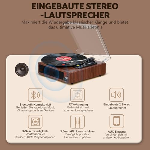 FYDEE Bluetooth Plattenspieler für Vinyl mit Stereo-Lautsprecher