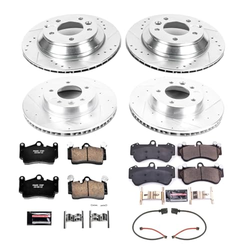 Image of PowerStop Front and Rear Brake Kit for Porsche Cayenne 2003-06 |Cayenne 2008-10 |Volkswagen Touareg 2004-06 - Drilled and Slotted Disc Rotors with Carbon-Fiber Ceramic Brake Pads Replacement, K4495