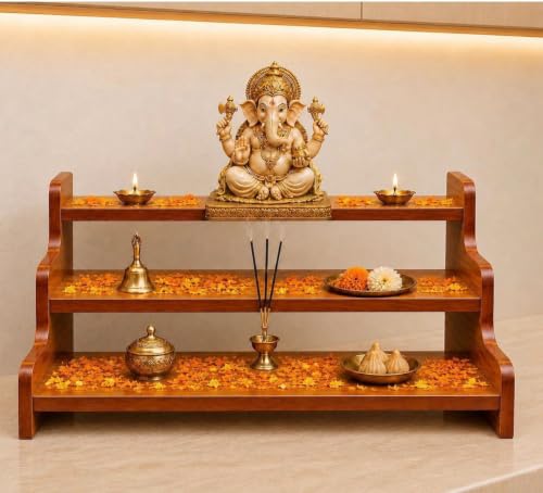 3-Tier Wooden Pooja Stand for Home Temple |Wooden Prayer Altar Or...
