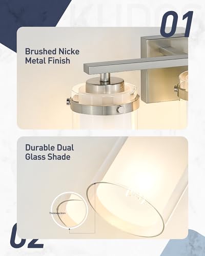 Image of kudos 3-Light 18-inch Bathroom Light Fixtures Over Mirror, Brushed Nickel Vanity Lights with Dual Glass Shade, Wall Sconce, Modern Vanity Lights for Bathroom, Hallway, KDVL15-BN-3