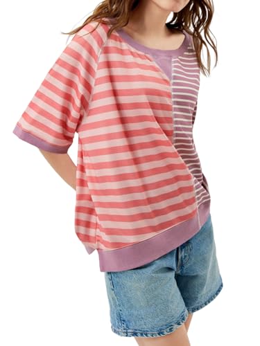 Tankaneo Womens Oversized T Shirts Summer Short Sleeve Striped Color Block Loose Fit Tops 2025 Trendy Clothes Pink — view 3