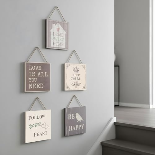 levandeo Wandbilder 5er Set B x H: 20x20cm Holzrahmen Shabby Chic Vintage Deko Sprüche Schilder Kordel