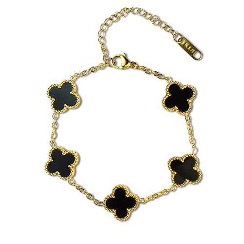 mehesz Pulsera de Acero Inoxidable Chapada en Oro con Diseño de Trébol, Unisex (negro)