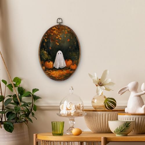 DILSJ Halloween Fall Ghost Oval Wall Art Decor, Cottagecore Forest Autumn Pumpkin Ghost Canvas Wall Art Framed, Rustic Halloween Fall Hanging Decorations for Home Bedroom Living Room, 11x8.5 Inch — view 3