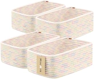 Small Storage Baskets for Organizing | Closet Organizer Bins | Shelf Toy Basket | Woven Rope Baskets | Cube Decorative Box | Shallow Basket | 11.5x7.5x4.7” | 4 Packs Rainbow