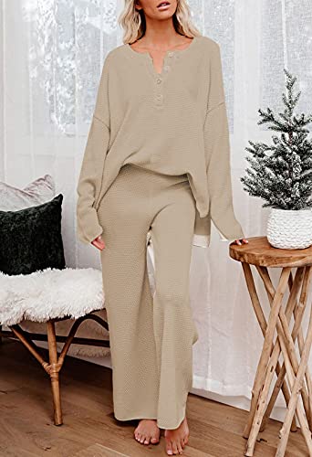 Viottiset Women's 2 Piece Outfits Sweatsuit Knit Long Sleeve Sweater Wide Leg Pants Lounge Set Khaki Small #TOP1