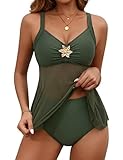 BMJL Womens Mesh Tankini Set with Ruched Bust Flowy Elegant Tummy Control Swimsuit Supportive Two Piece Bathing Suit（L,Green）