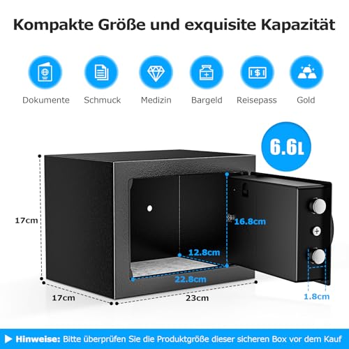 Bonsaii Tresor mit elektronischem Tastenfeld, 6,6 L Safe Tresor mit Stahlkonstruktion für Bargeld, Schmuck und Wertsachen, 17 x 23 x 17 cm, geeignet für Zuhause, Büro und Hotel