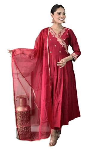 Image of Women's Viscose Chanderi Solid 3 /4 Sleeve V-Neck Embroidered Kurta, Pant and Dupatta-Red-JT-061