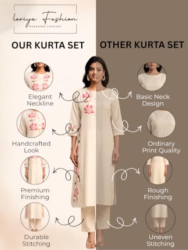 Image of Leriya Fashion Cotton Kurta Set for Women | Kurta Sets for Woman - Office Wear Kurti Set for Women Embroidery Kurti for Woman, Straight Kurtis Pant Set with 3 /4 Sleeve
