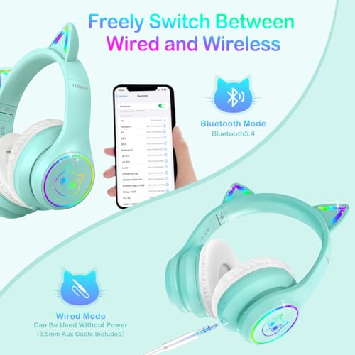 LOBKIN Bluetooth 5.4 Kids Headphones with Case - RGB LED Light Up Cat Ears Foldable Adjustable Over Ear Headphone Support Wireless or 3.5mm Wired Mode for Toddler & Girls & Boys Teens — view 3
