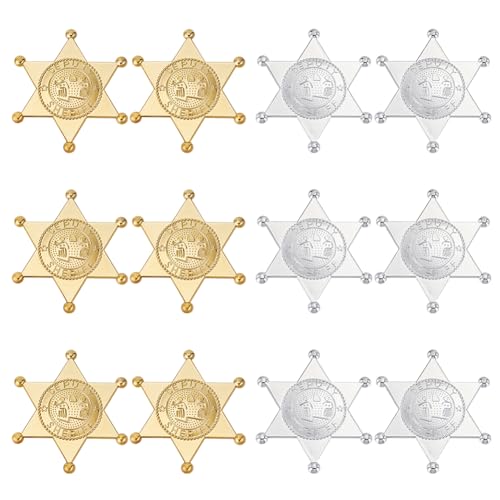 MAYJOYDIY 12Pcs 2 Colors Sheriff Badges, Golden Silver Western Police Badges, Cowboy Plastic Accessories Western Police Vest Badge for Cowboy Party Decor School Carnival Prizes Party Bag Gift