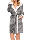 fleece bademantel für kinder Damen Morgenmante/Kurz Flanell Robe/Langarm/V Ausschnitt/ mit Gürtel/Kurz/mit Kapuze
