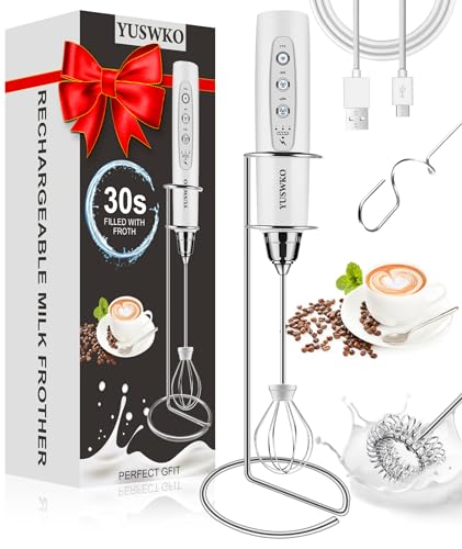 Image of YUSWKO Milk Frother Handheld for Coffee with Stand, Rechargeable Drink Mixer with 3 Heads 3 Speeds Electric Coffee Frother Whisk, Gift for Many Occasions and Festival