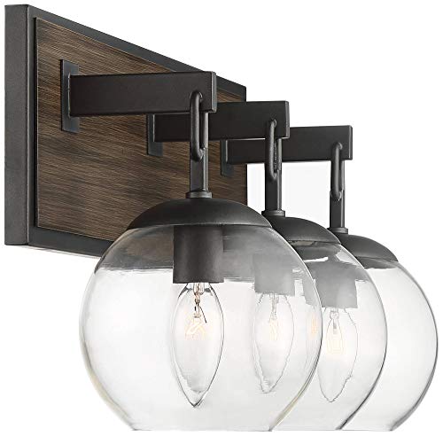 Possini Euro Design Webly Industrial Rustic Wall Light Gunmetal Faux Wood Hardwired 20" 3-Light Fixture Clear Glass Globe Shade For Bedroom Bedside Bathroom Vanity Living Room Hallway Dining House #TOP5