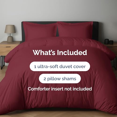 Image of Duvet Cover Full Size Set - Extra Soft Full Duvet Cover 80 inch x 90 inch with 2 Pillow Shams for Women, Men, Kids & Teens - Hotel Luxury, Easy-Care w / Zipper Closures & Ties - Comfy & Breathable (Burgundy)