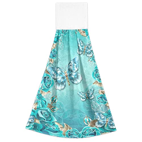 Boccsty Blue Teal Rose Hanging Kitchen Towels 2 Pieces Butterfly Spring Hand Yowels Dish Towels Tie Towel Tea Towels For Bathroom Farmhous Housewarming Home #TOP1