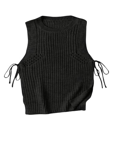 MakeMeChic Women's Sleeveless Round Neck Drawstring Side Split Hem Knited Casual Sweater Vest