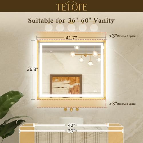 TETOTE 42 x 36 Led Mirror Brushed Bright Nickel Metal Frame Frontlit & Backlit Vanity Mirror Anti-Fog Stepless Dimmable 3 Colors White/Warm/Natural Wall Mirror with Lights Wall-Mounted