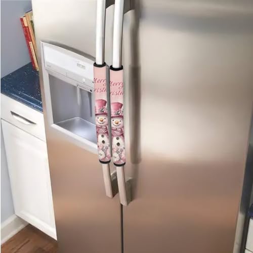 Image of 6 Pieces Refrigerator Door Handle Covers Washable Fridge Microwave Dishwasher Door Cloth Protector Keep Off Smudges, Fingerprints, Food Stains, Cute Pink Snowman Daisy Merry Christmas