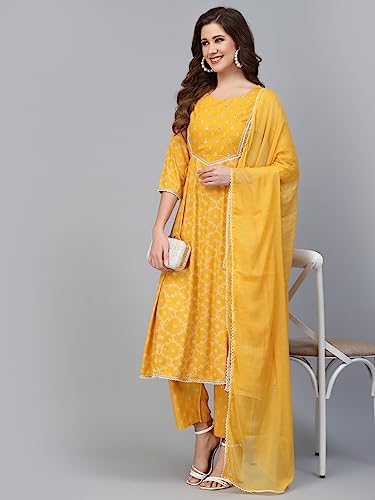 Image of Hisham Women's Rayon Printed Anarkali Kurta with Pants & Dupatta