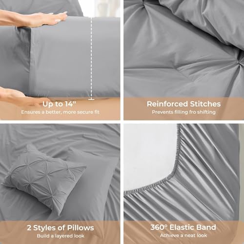 Image of Sasttie King Size Comforter Set, 7-Piece Bed in a Bag, Pintuck Bedding Sets for All Season, Includes Comforter, Flat Sheet, Fitted Sheet, Pillowcases and Pillowshams, Light Grey