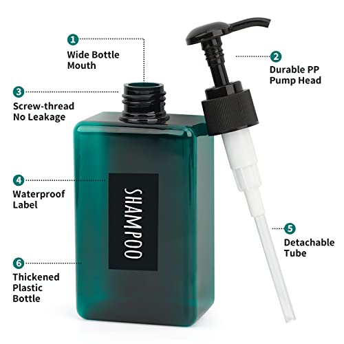 Image of Segbeauty 4pcs Empty Shampoo Bottles, 9.5oz Plastic Square Shower Pump Bottle Refillable, 280ml Small Green Lotion Dispenser Makeup Container with Labels for Travel Bathroom Hotel Kitchen Sink Dresser