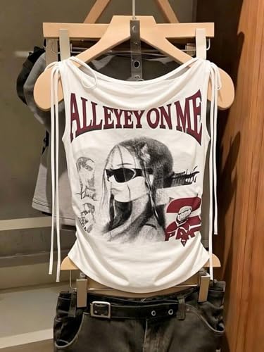 Image of ICW Women's Graphic Print Ruched Side-Tie with Bra Pads Off-Shoulder Vintage Streetwear Sleeveless Cami Crop Top Dn5152