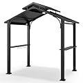 Jocoveol 8 x 5FT Hardtop Grill Gazebo, Outdoor BBQ Gazebo w/Galvanized Steel Double Roof, Metal Grill Canopy w/2 Side Shelves & Hooks, Barbeque Shelter Canopy w/Ceiling Hook for Patio Backyard Garden