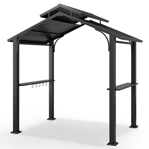 Jocoveol 8 x 5FT Hardtop Grill Gazebo, Outdoor BBQ Gazebo w/Galvanized Steel Double Roof, Metal Grill Canopy w/2 Side Shelves & Hooks, Barbeque Shelter Canopy w/Ceiling Hook for Patio Backyard Garden