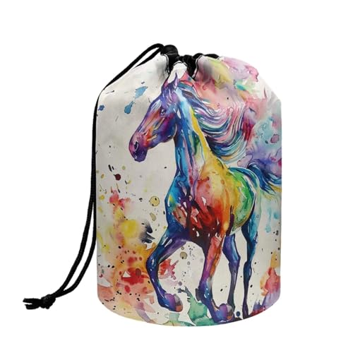 chaqlin Watercolor Horse Travel Cosmetic Bags Barrel Makeup Bag,Women Girls Portable Foldable Cases Multifunctional Toiletry Bucket Bags Round Organizer Storage Pocket