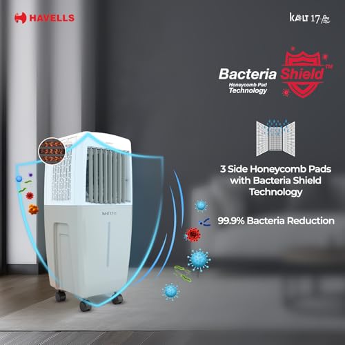 Image of Havells Kalt Pro 17 L Personal Air Cooler for Room|With Fan & 3 Side Bacteria Shield Honeycomb Pads|Aerodynamically Designed Blades|Sleek & stunning design |Front Wheel with Brakes|Inverter Compatible