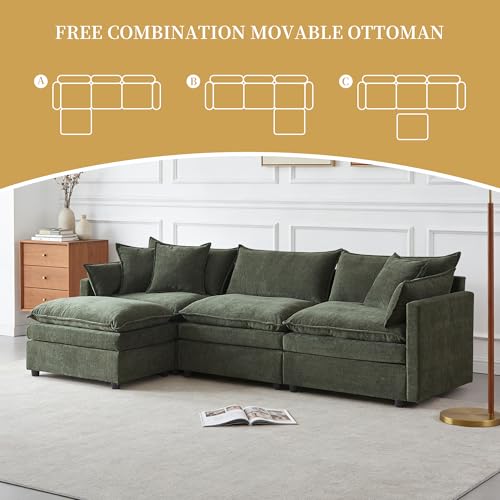 Image of 108.7 inch L Shaped Modular Sectional Sofa, Comfy Upholstery Chenille Cloud Couch with Ottoman, Modern 4-Seat Deep Seat Sofa with Pillow for Living Room, Apartment, Green