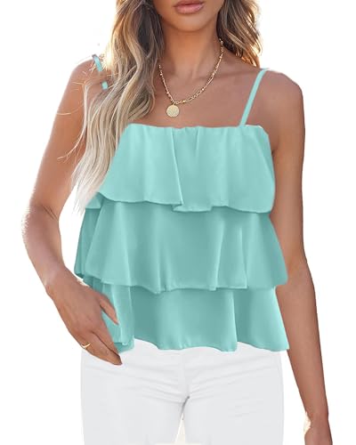 KIRUNDO Spaghetti Strap Ruffle Babydoll Peplum Tank Tops for Women 2026 Summer Cute Flowy Beach Vacation Cruise Outfits(Light Green, X-Large)