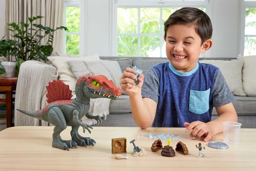 Mattel Jurassic World Spinosaurus Démolisseur de Cage Figurine articulée et jouet à déballer, sable, gel et pâte à modeler, jeu d'évasion, de découverte et de sauvetage, HTP71