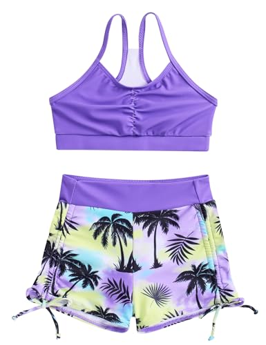 Image of Funnycokid Girls Swimsuit 3 Pieces Zip Rash Guard Bathing Suits Set Kids Bikini Boyshort Summer Swimwear 3-14 Years