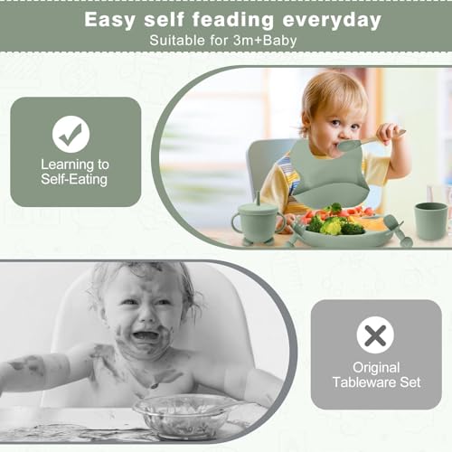 Baby Geschirrset,12er Set Kindergeschirr, Babylöffel,Trinklernbecher,Silikon Lätzchen,Baby Teller Kinderteller mit Saugnapf,Baby Led Weaning Set