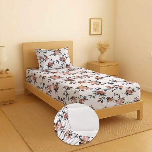 Image of la' amour Pure Cotton All Round Elastic Fitted Bedsheets with 1 Pillow Cover | Single Mattress Bed Breathable| Long Lastic | Supersoft Size - 36 x 72 + 6 inches (Color - White and Green Leaf)